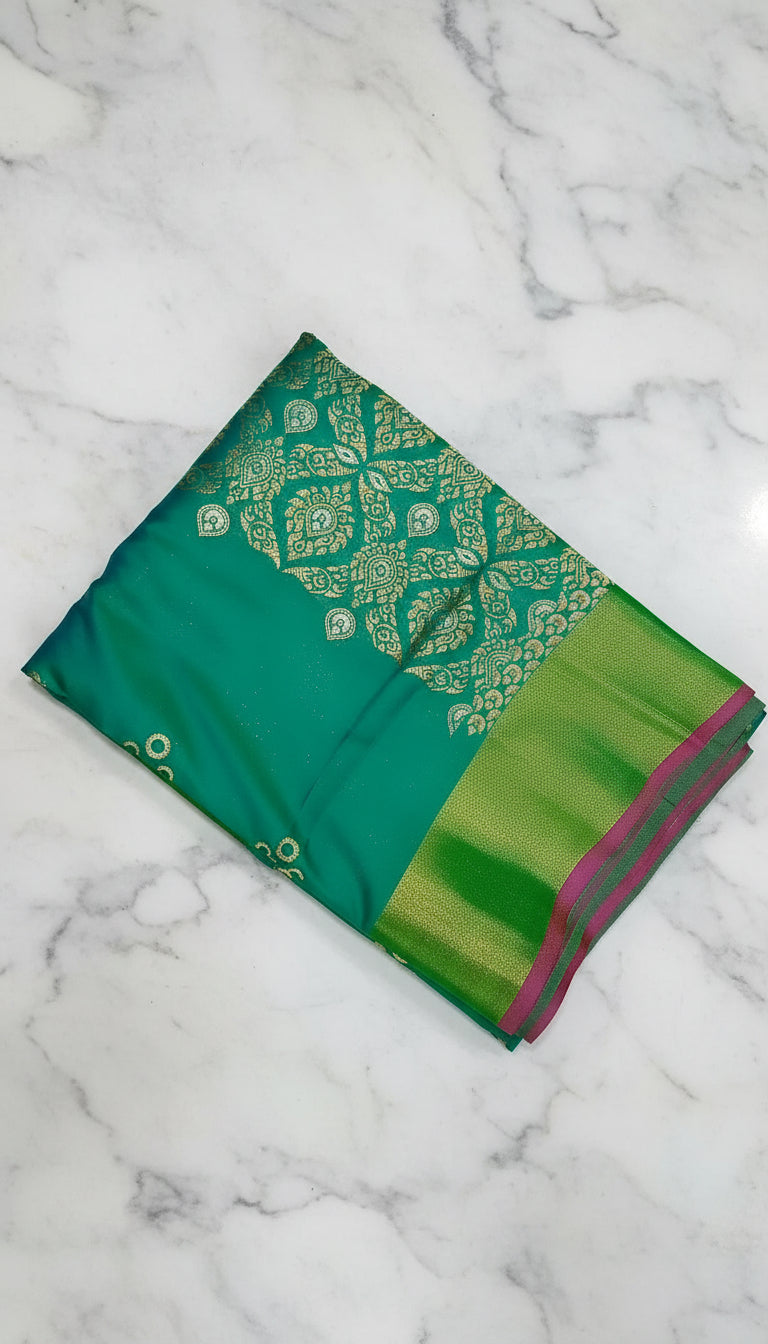 Kanchipuram Pure Silk Saree with mini buttas and two toned Gold border in Aqua Green color