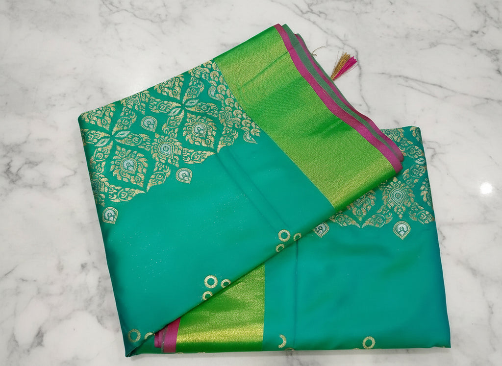 Kanchipuram Pure Silk Saree with mini buttas and two toned Gold border in Aqua Green color