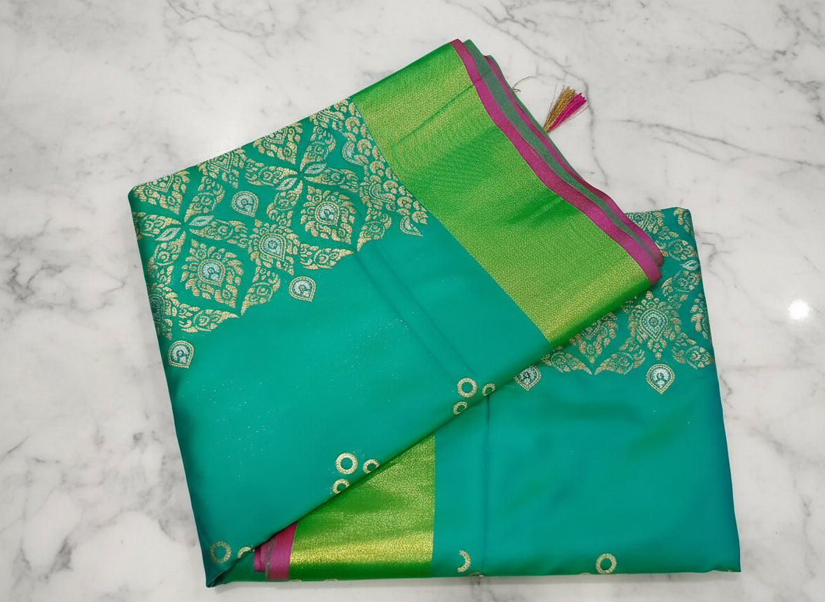 Kanchipuram Pure Silk Saree with mini buttas and two toned Gold border in Aqua Green color