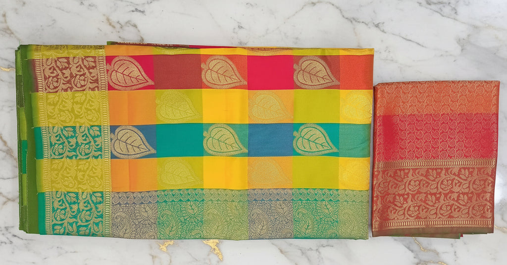 Kanchipuram Pure Silk Saree with Checkered Leaf Butta motifs and luxurious Pallu in Multi Yellow Orange color