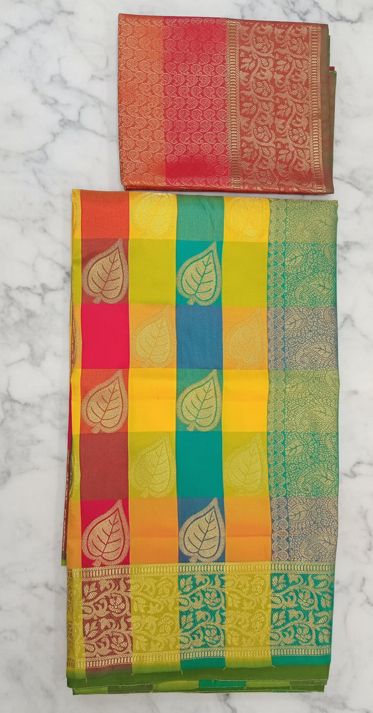 Kanchipuram Pure Silk Saree with Checkered Leaf Butta motifs and luxurious Pallu in Multi Yellow Orange color