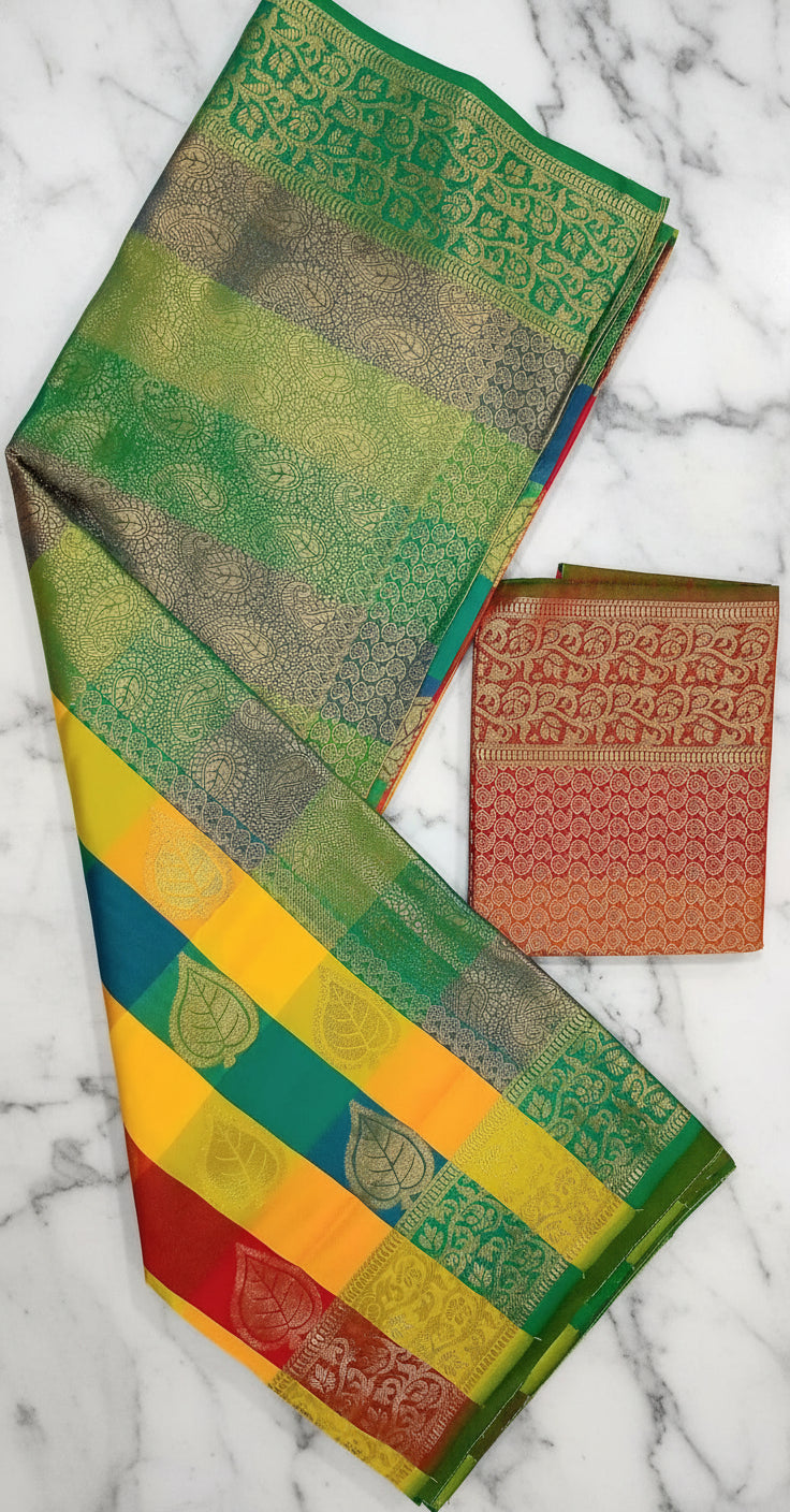 Kanchipuram Pure Silk Saree with Checkered Leaf Butta motifs and luxurious Pallu in Multi Yellow Orange color