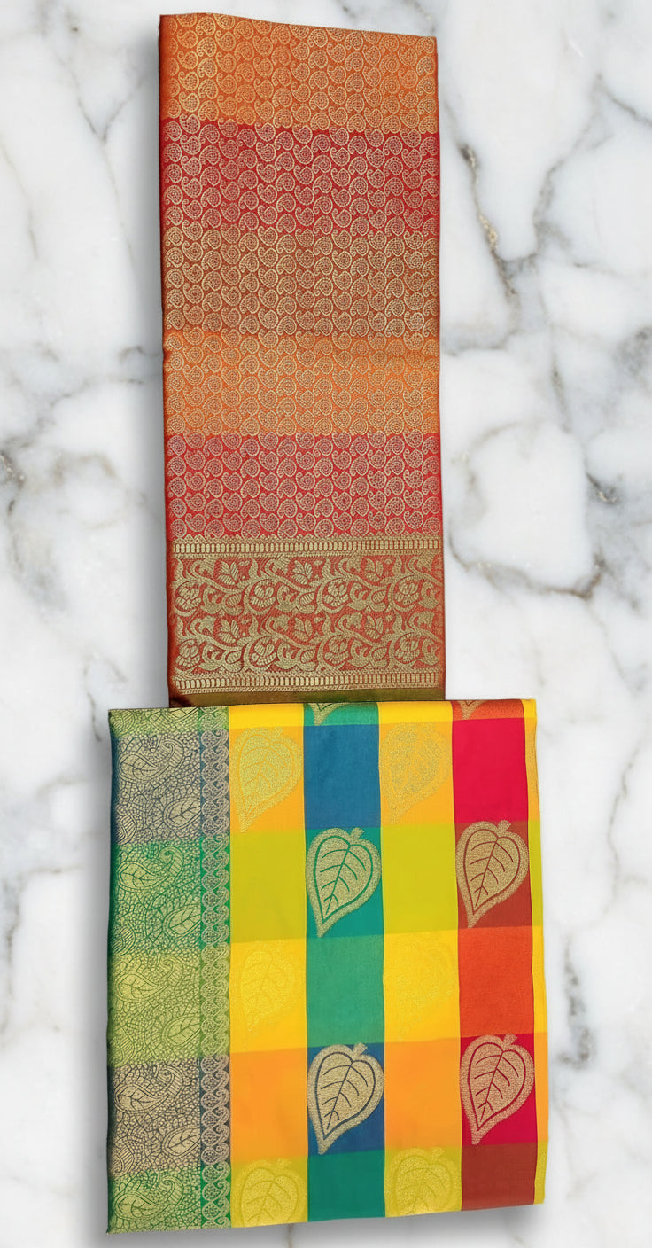 Kanchipuram Pure Silk Saree with Checkered Leaf Butta motifs and luxurious Pallu in Multi Yellow Orange color