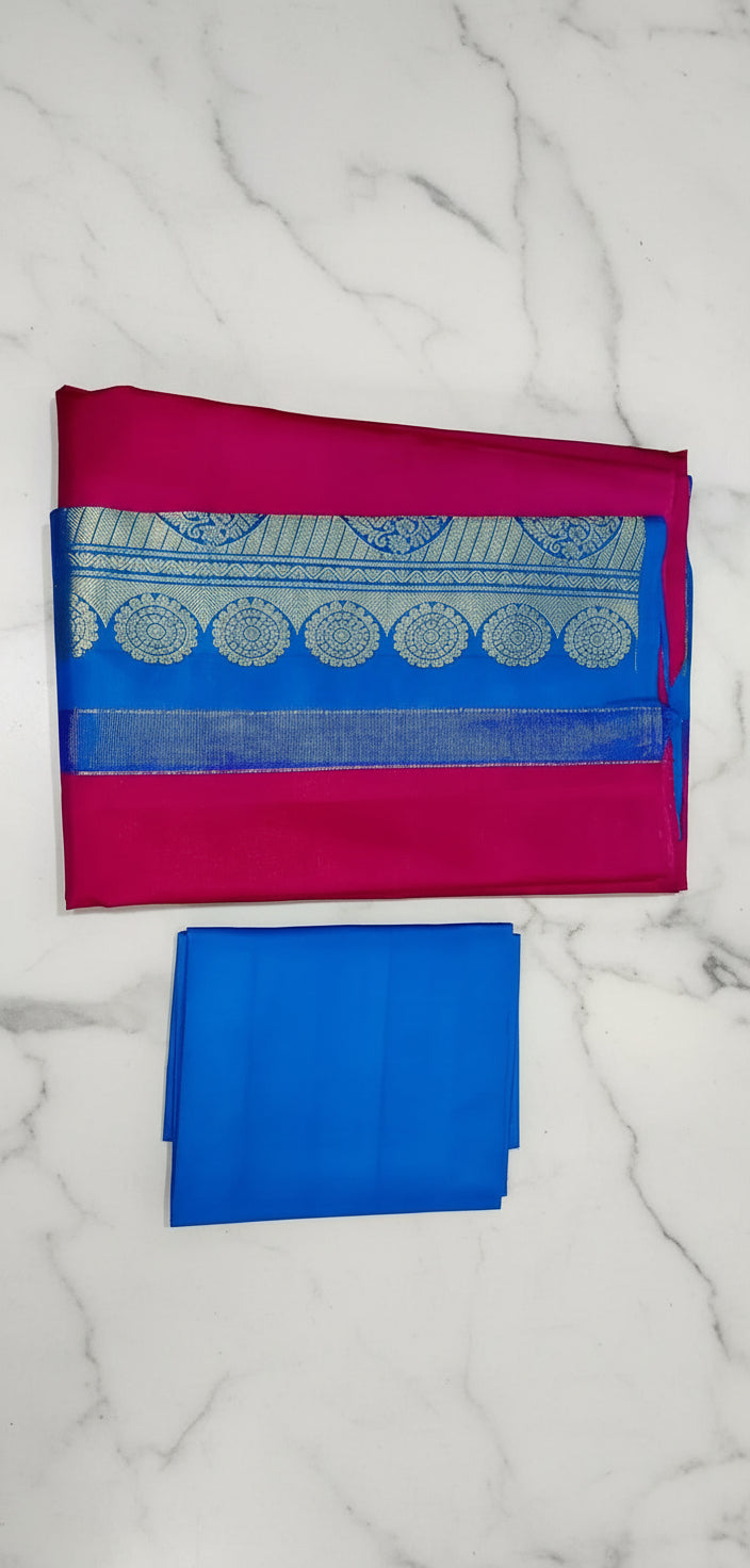 Kanchipuram Pure Silk Saree with bright gold Zari Motifs in Royal Pink color and Contrast Royal Blue Border