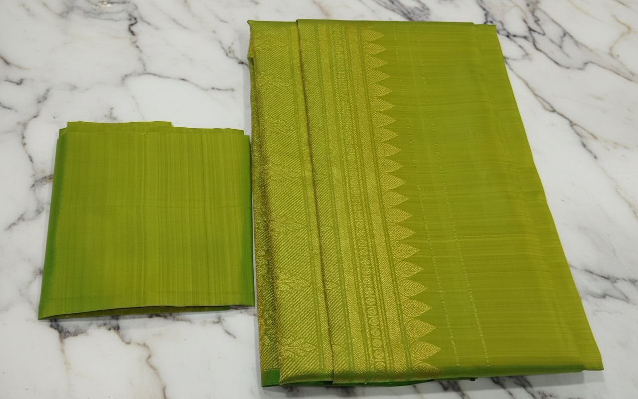 Kanchipuram Pure Silk Saree with bright gold Zari Motifs in Fresh Green leaf Color