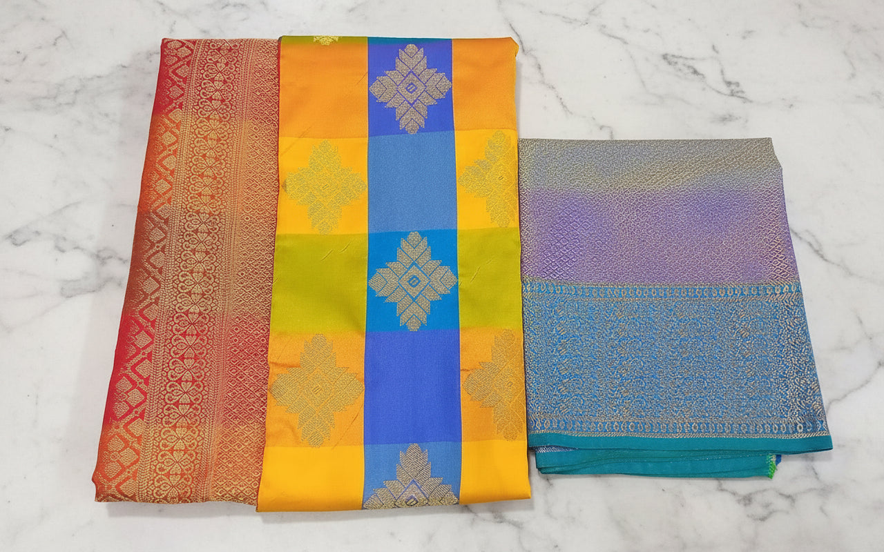 Kanchipuram Pure Silk Saree with Checkered Leaf Butta motifs and luxurious Pallu in Multi Yellow Orange color