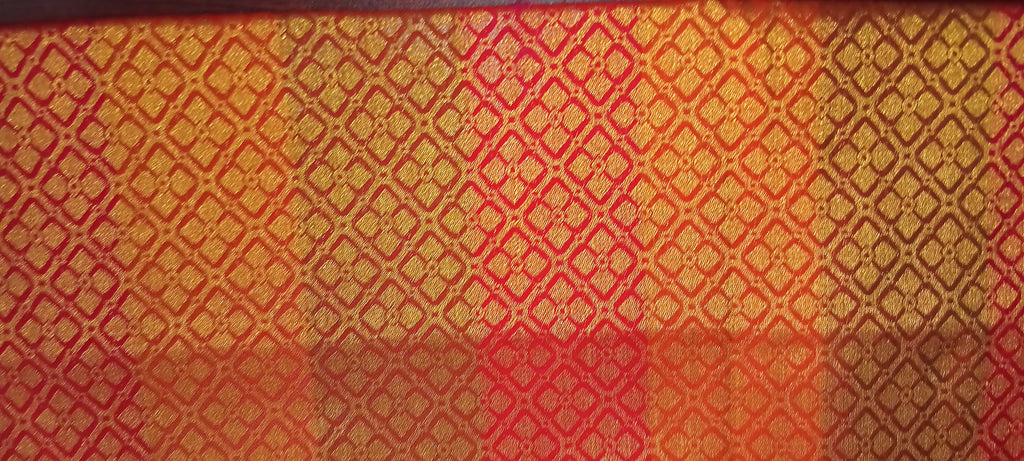 Kanchipuram Pure Silk Saree with Checkered Leaf Butta motifs and luxurious Pallu in Multi Yellow Orange color