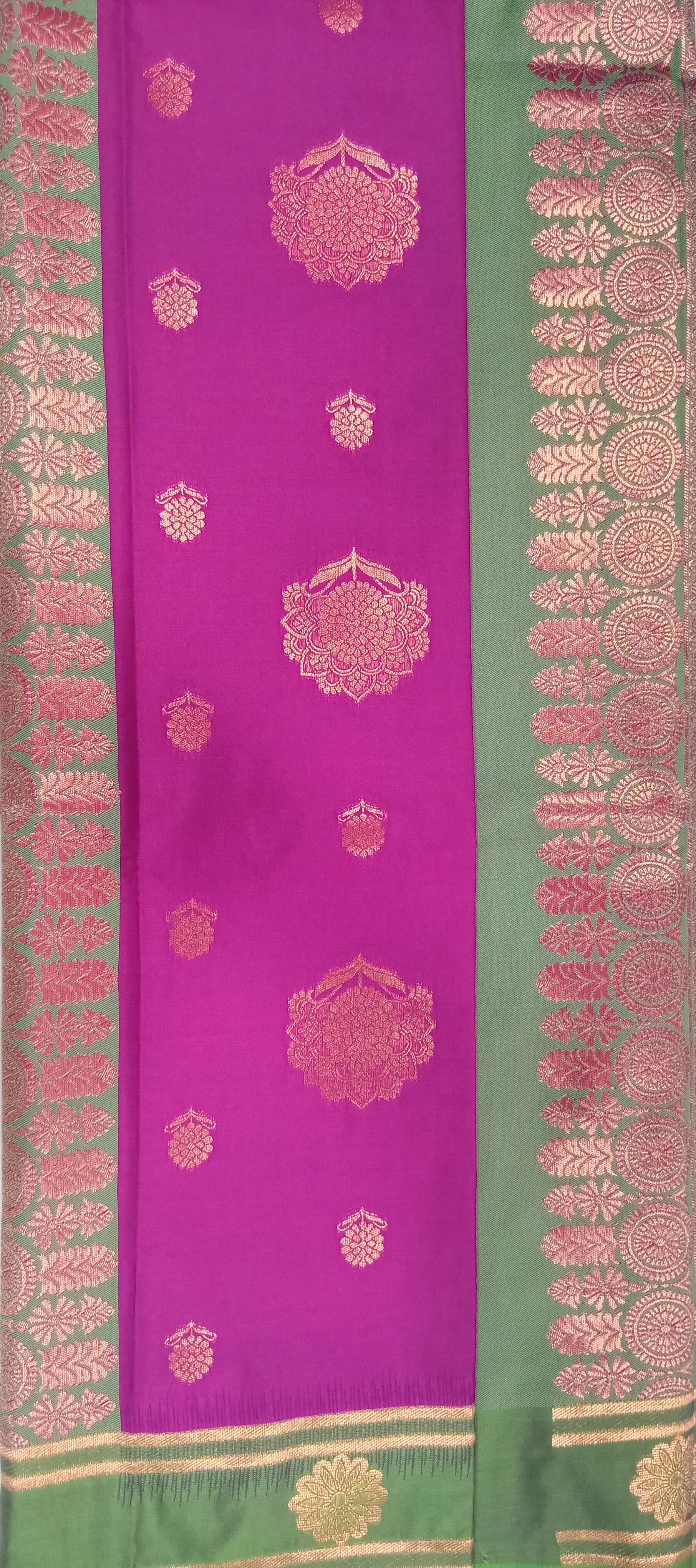 Kanchipuram Pure Silk Saree with Floral Butta in two tone Zari in Purple color with contrast border