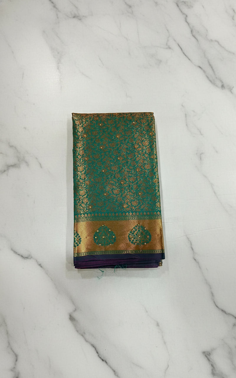 Kanchipuram Pure Silk Saree with detailed Gold Zari Butta motifs and luxurious Pallu with stick on Minakari in Bluish Green color