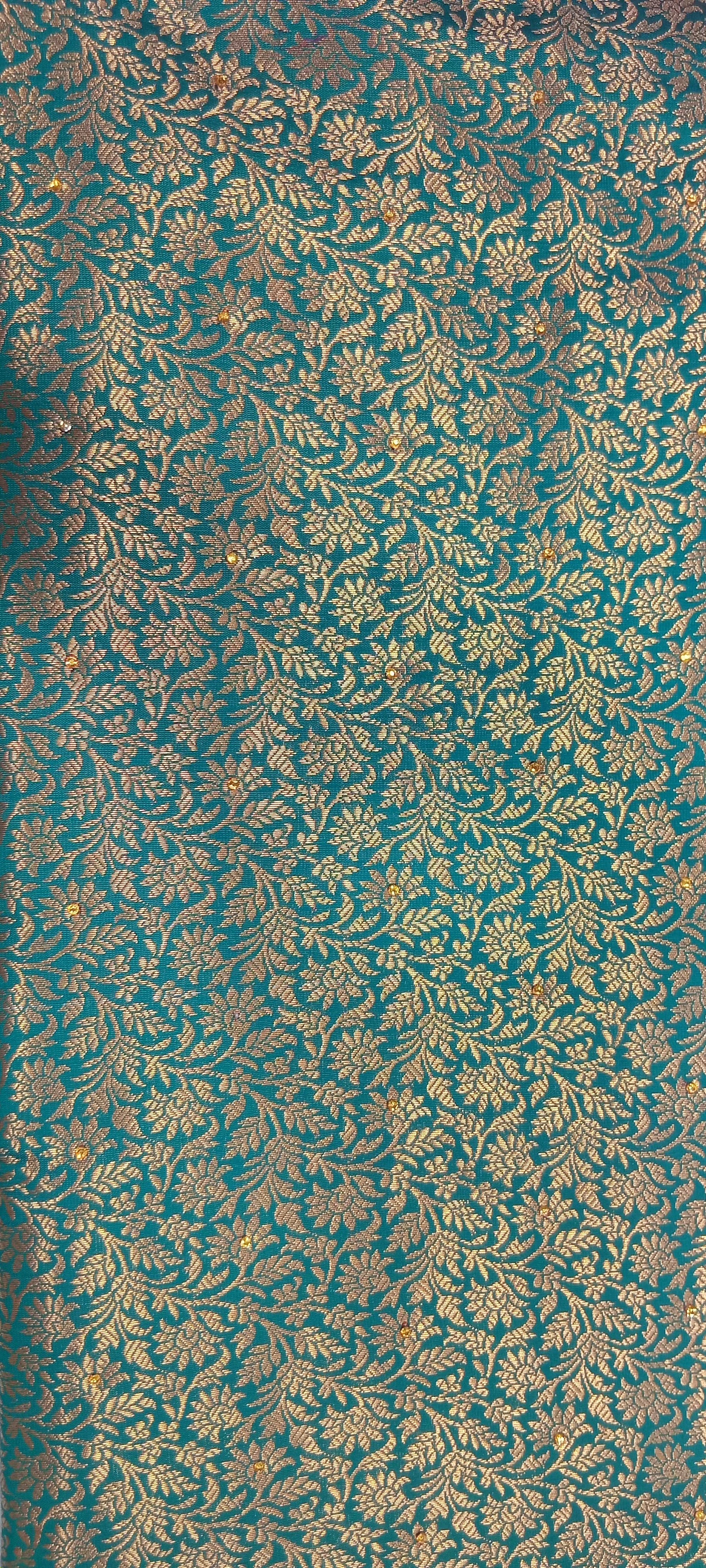 Kanchipuram Pure Silk Saree with detailed Gold Zari Butta motifs and luxurious Pallu with stick on Minakari in Bluish Green color