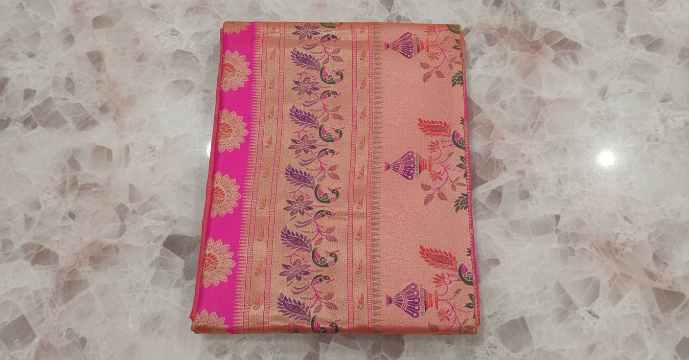 Patola Paithani Pure Silk Saree bird pattern with Rich Zari Border and Pallu in Coral Color
