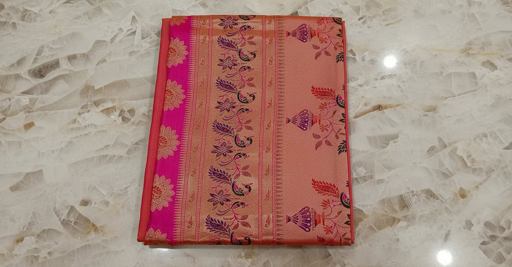 Patola Paithani Pure Silk Saree bird pattern with Rich Zari Border and Pallu in Rich Pink color