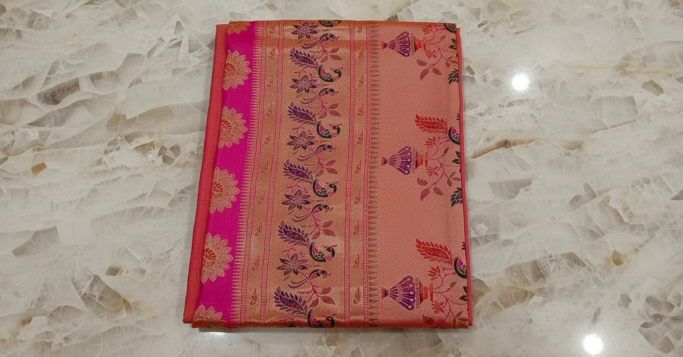Patola Paithani Pure Silk Saree bird pattern with Rich Zari Border and Pallu in Rich Pink color