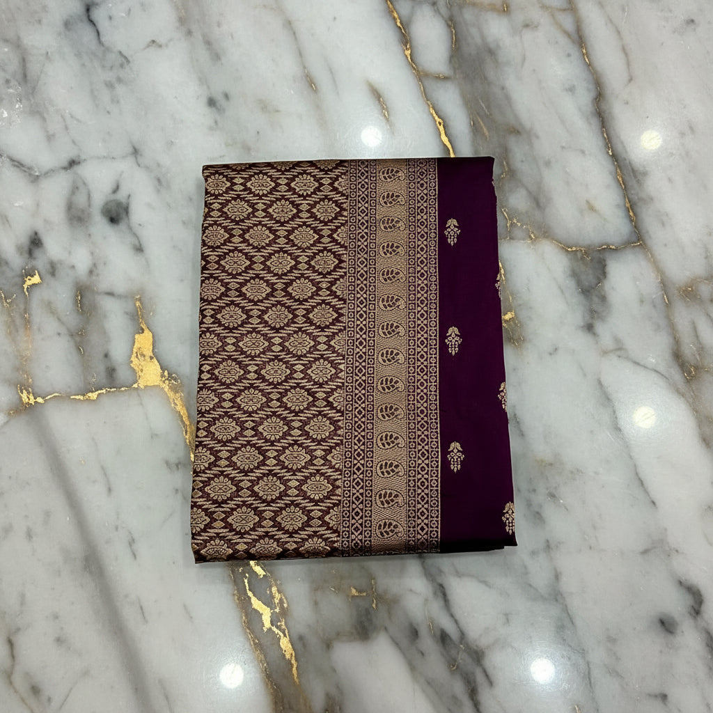 Banarasi Pure Silk Saree with mini gold zari butta motif all over saree with elaborate gold zari border and pallu in Royal Purple color