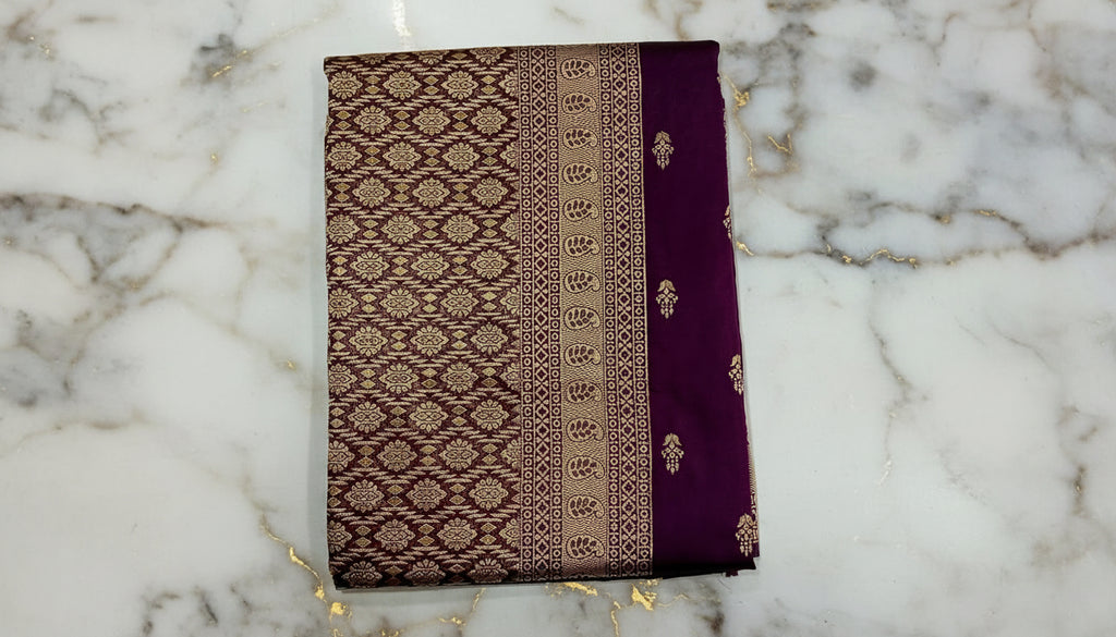 Banarasi Pure Silk Saree with mini gold zari butta motif all over saree with elaborate gold zari border and pallu in Royal Purple color