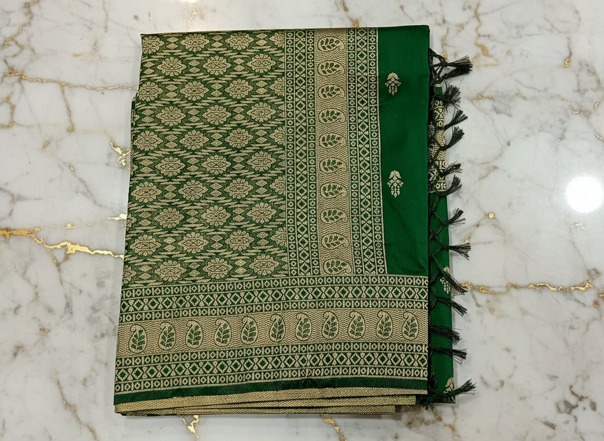 Banarasi Pure Silk Saree with mini gold zari butta motif all over saree with elaborate gold zari border and pallu in Deep Green color