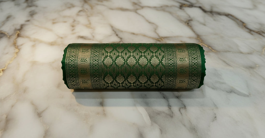 Banarasi Pure Silk Saree with mini gold zari butta motif all over saree with elaborate gold zari border and pallu in Deep Green color