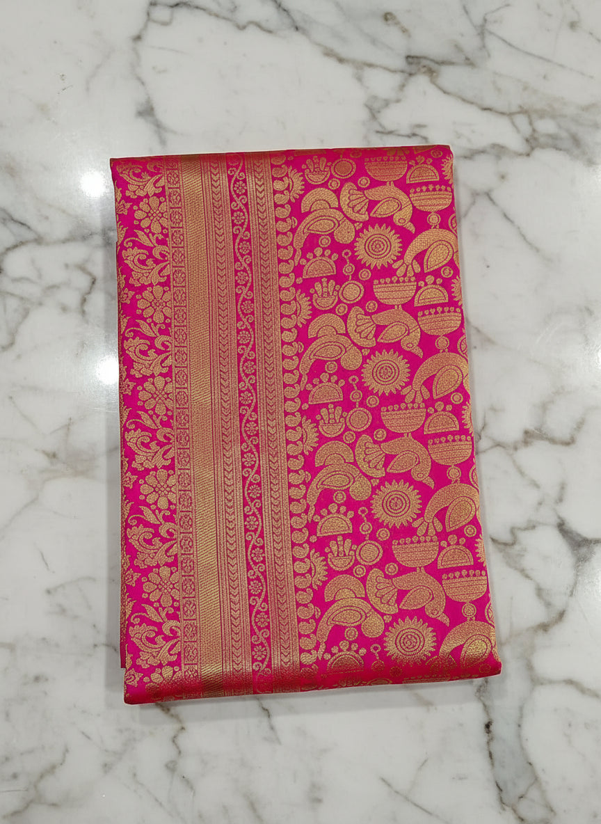 Banarasi Pure Silk Saree with beautiful birds and mango buttas with pretty gold zari work all over the saree in Royal pink color