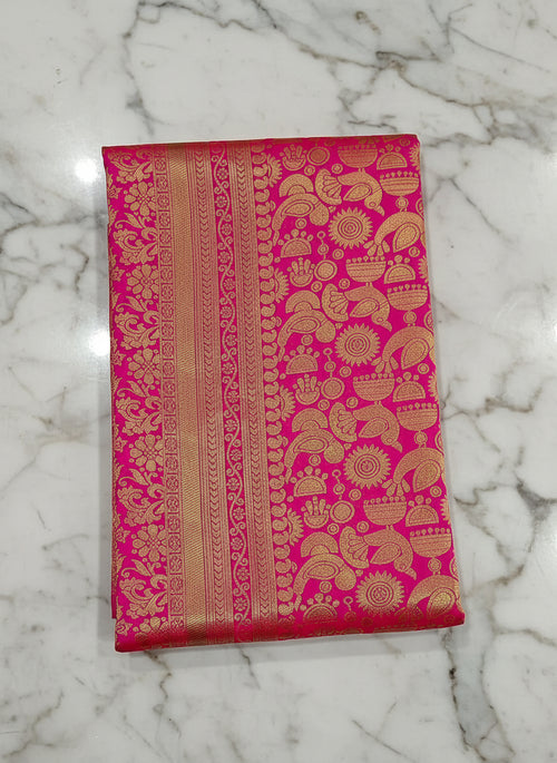 Banarasi Pure Silk Saree with beautiful birds and mango buttas with pretty gold zari work all over the saree in Royal pink color