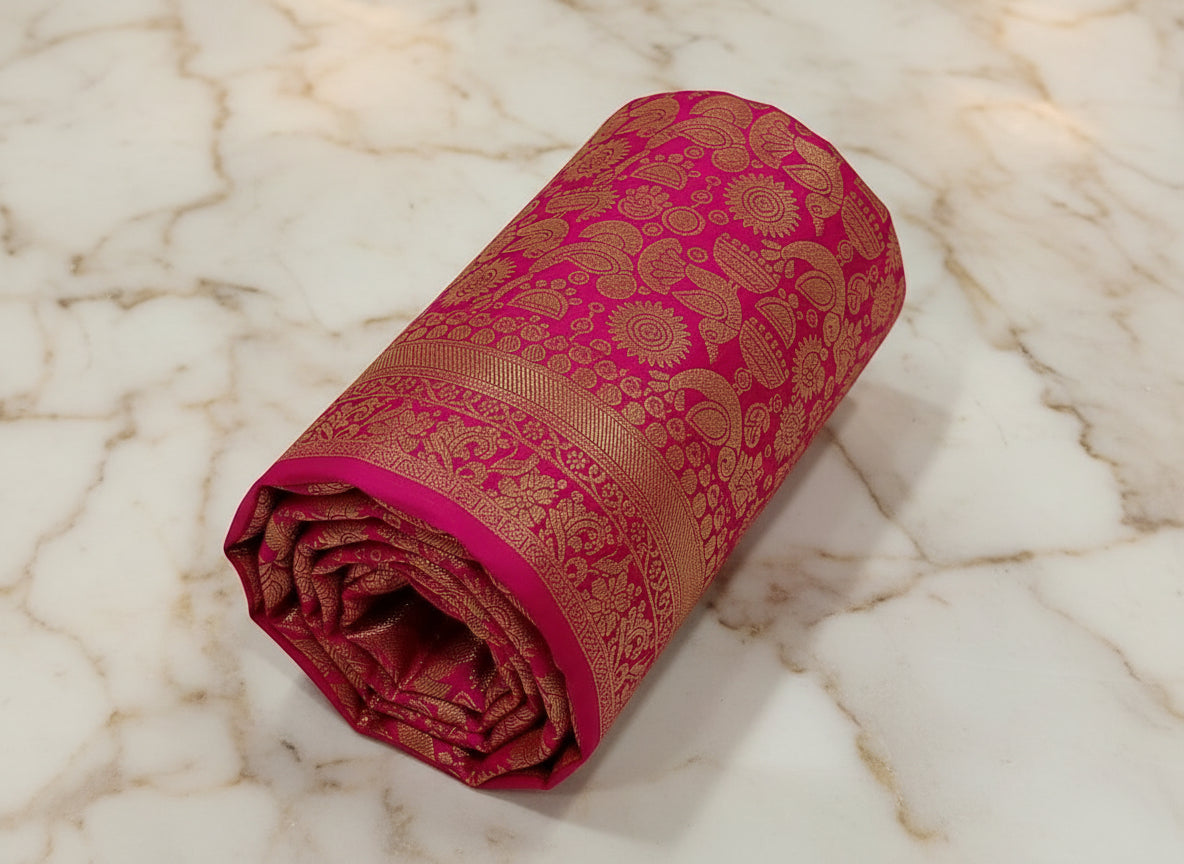 Banarasi Pure Silk Saree with beautiful birds and mango buttas with pretty gold zari work all over the saree in Royal pink color