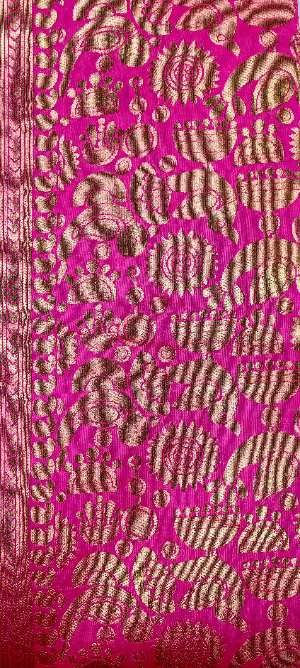 Banarasi Pure Silk Saree with beautiful birds and mango buttas with pretty gold zari work all over the saree in Royal pink color