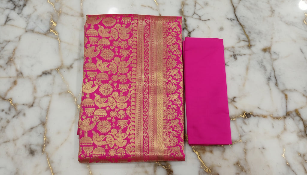 Banarasi Pure Silk Saree with beautiful birds and mango buttas with pretty gold zari work all over the saree in Royal pink color