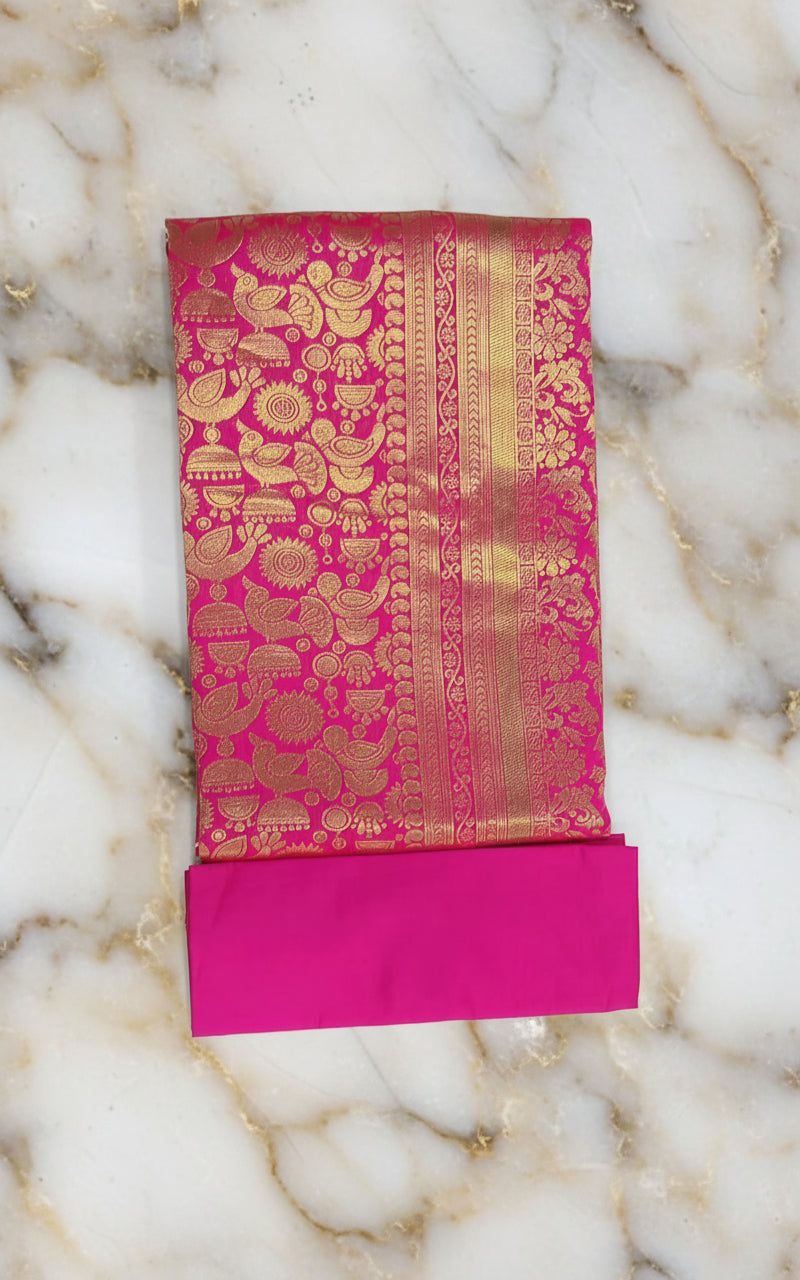 Banarasi Pure Silk Saree with beautiful birds and mango buttas with pretty gold zari work all over the saree in Royal pink color