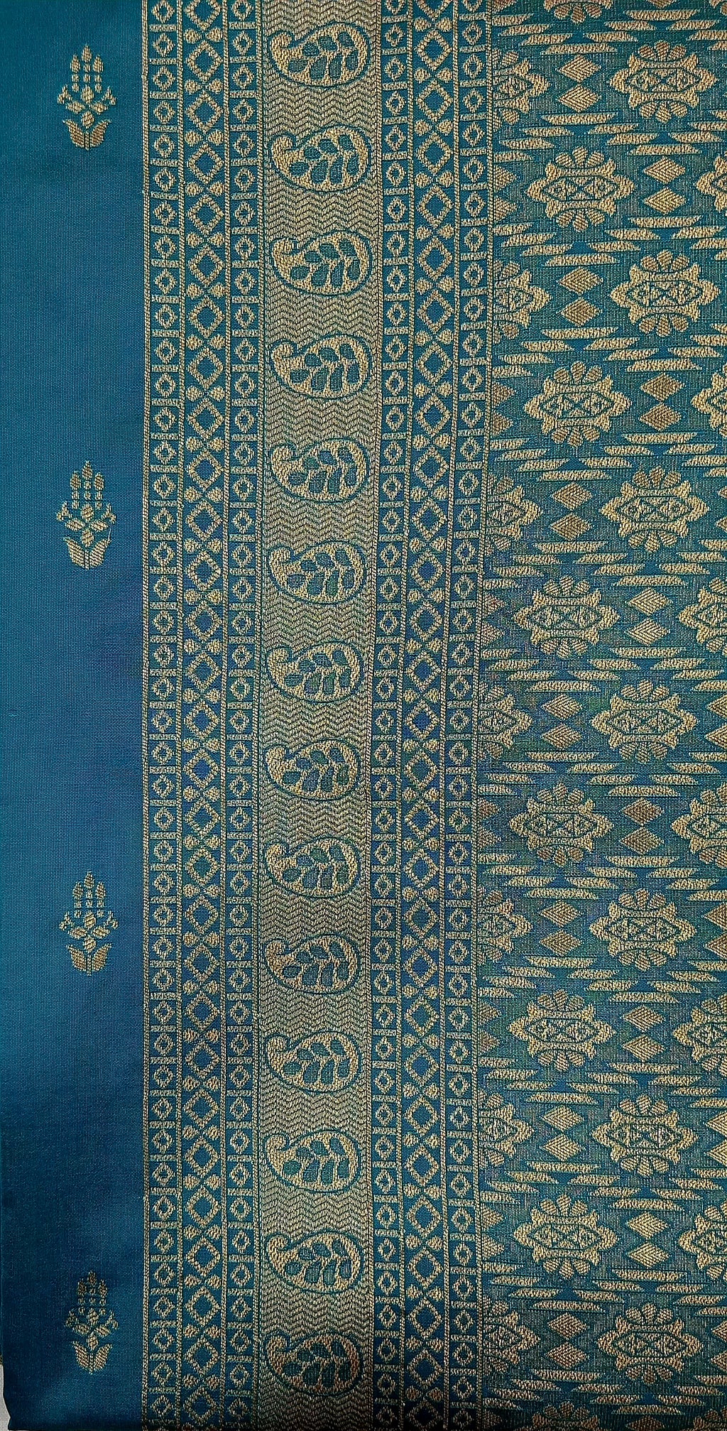 Banarasi Pure Silk Saree with mini gold zari butta motif all over saree with elaborate gold zari border and pallu in Greenish Blue color