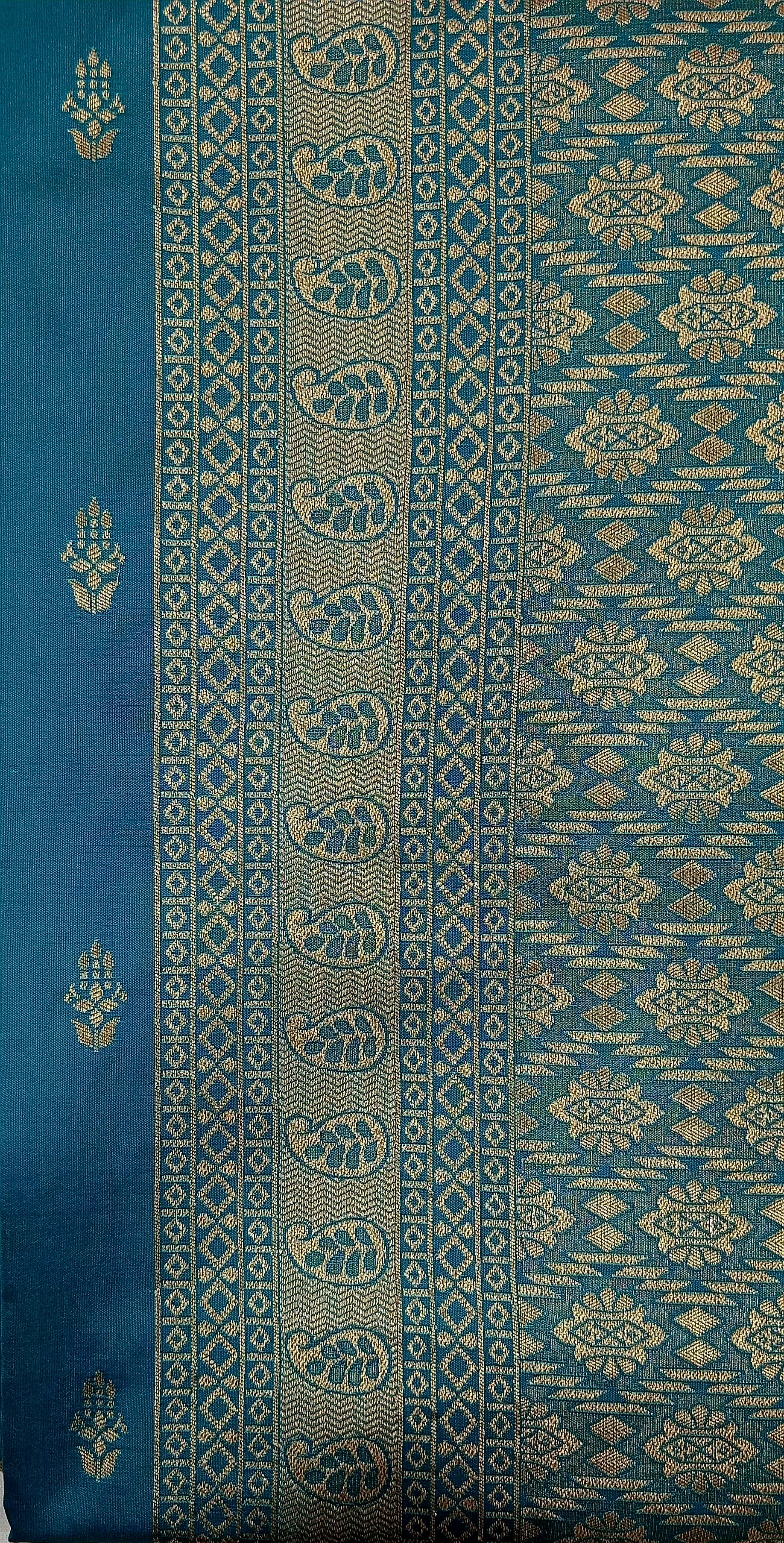 Banarasi Pure Silk Saree with mini gold zari butta motif all over saree with elaborate gold zari border and pallu in Greenish Blue color