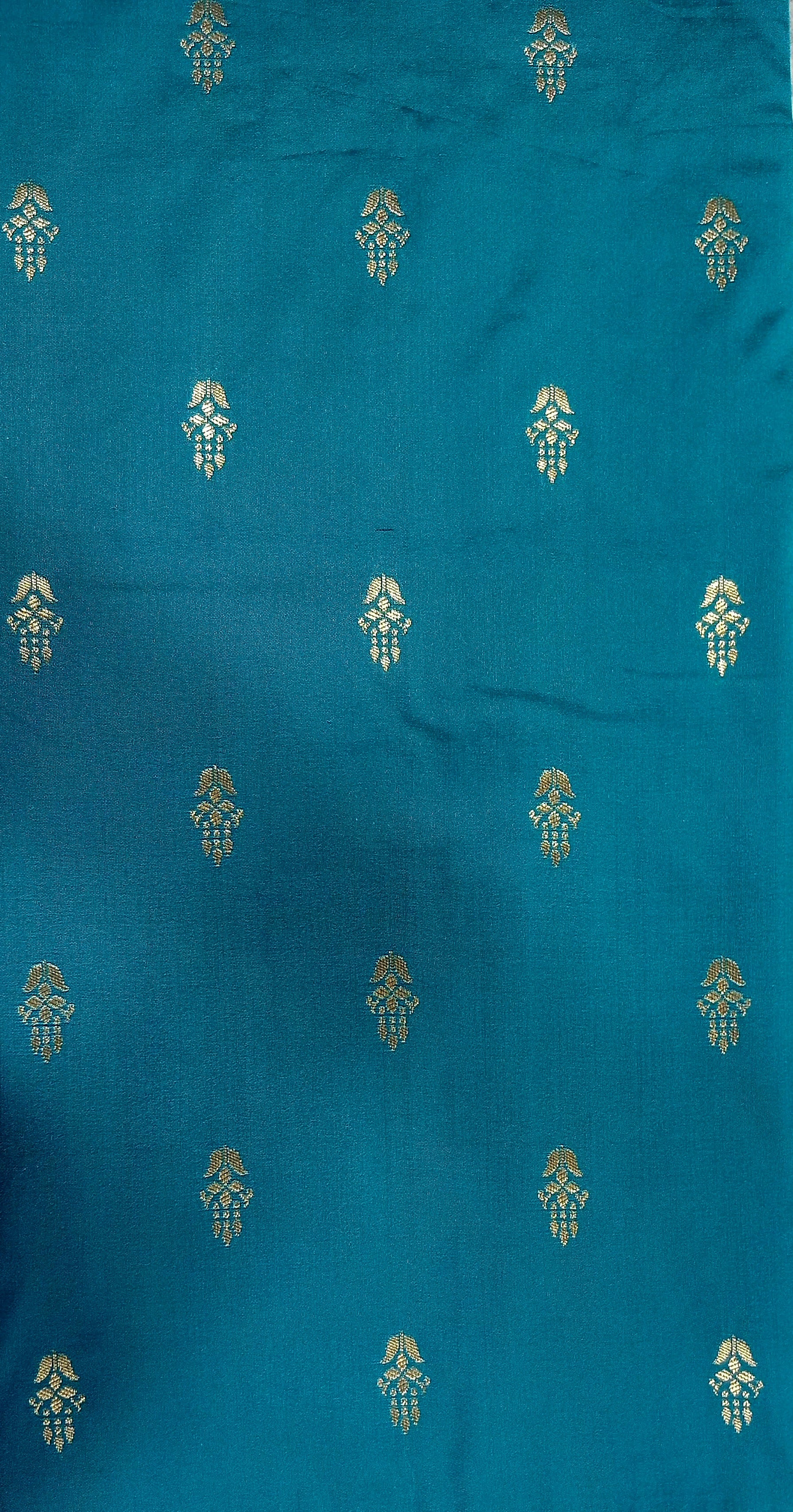 Banarasi Pure Silk Saree with mini gold zari butta motif all over saree with elaborate gold zari border and pallu in Greenish Blue color