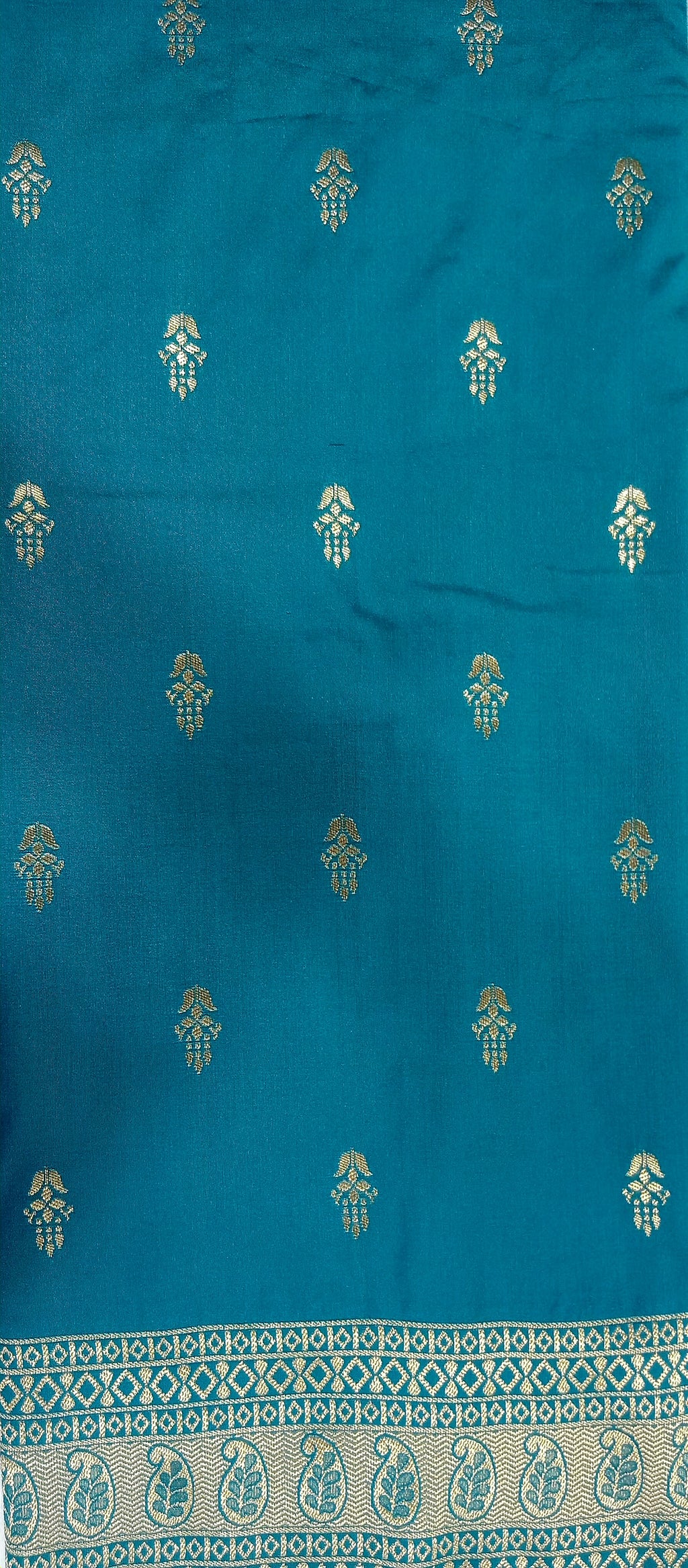 Banarasi Pure Silk Saree with mini gold zari butta motif all over saree with elaborate gold zari border and pallu in Greenish Blue color