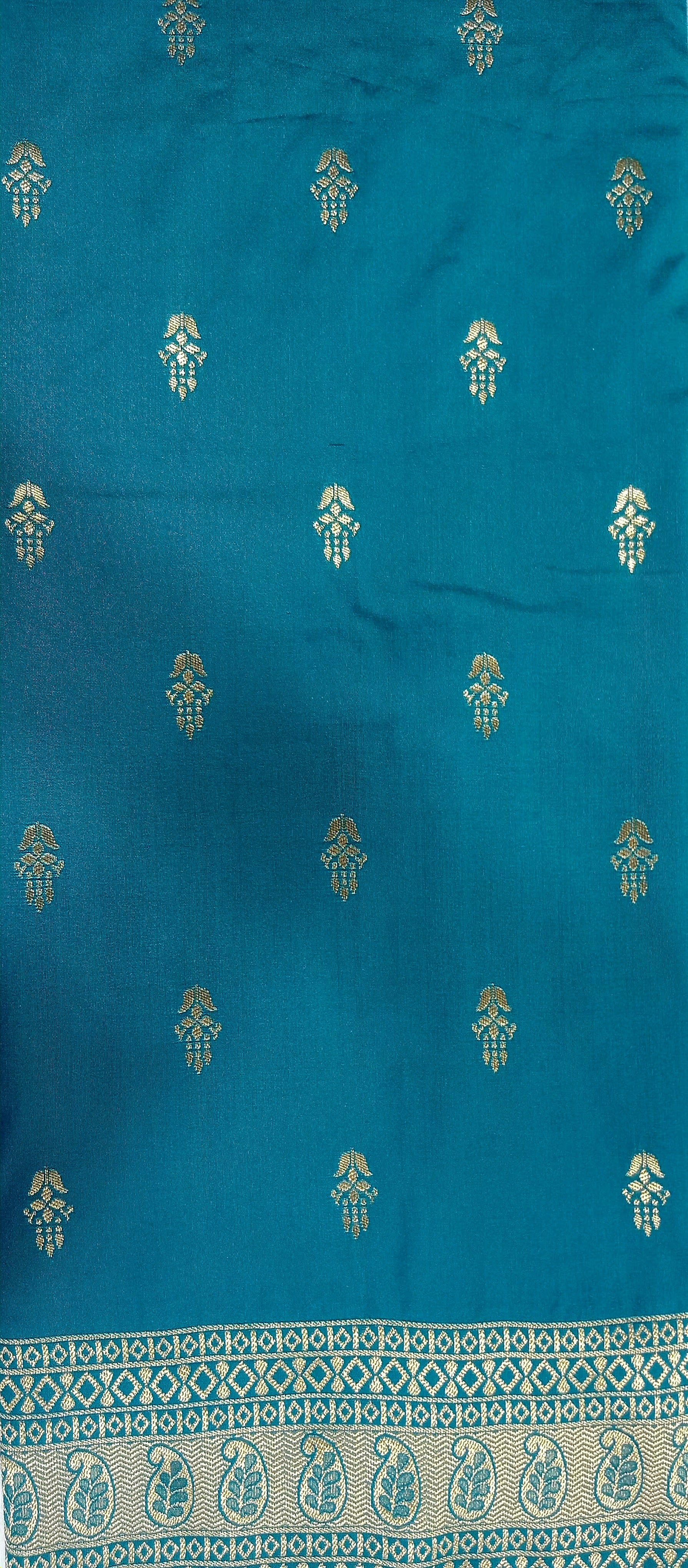 Banarasi Pure Silk Saree with mini gold zari butta motif all over saree with elaborate gold zari border and pallu in Greenish Blue color