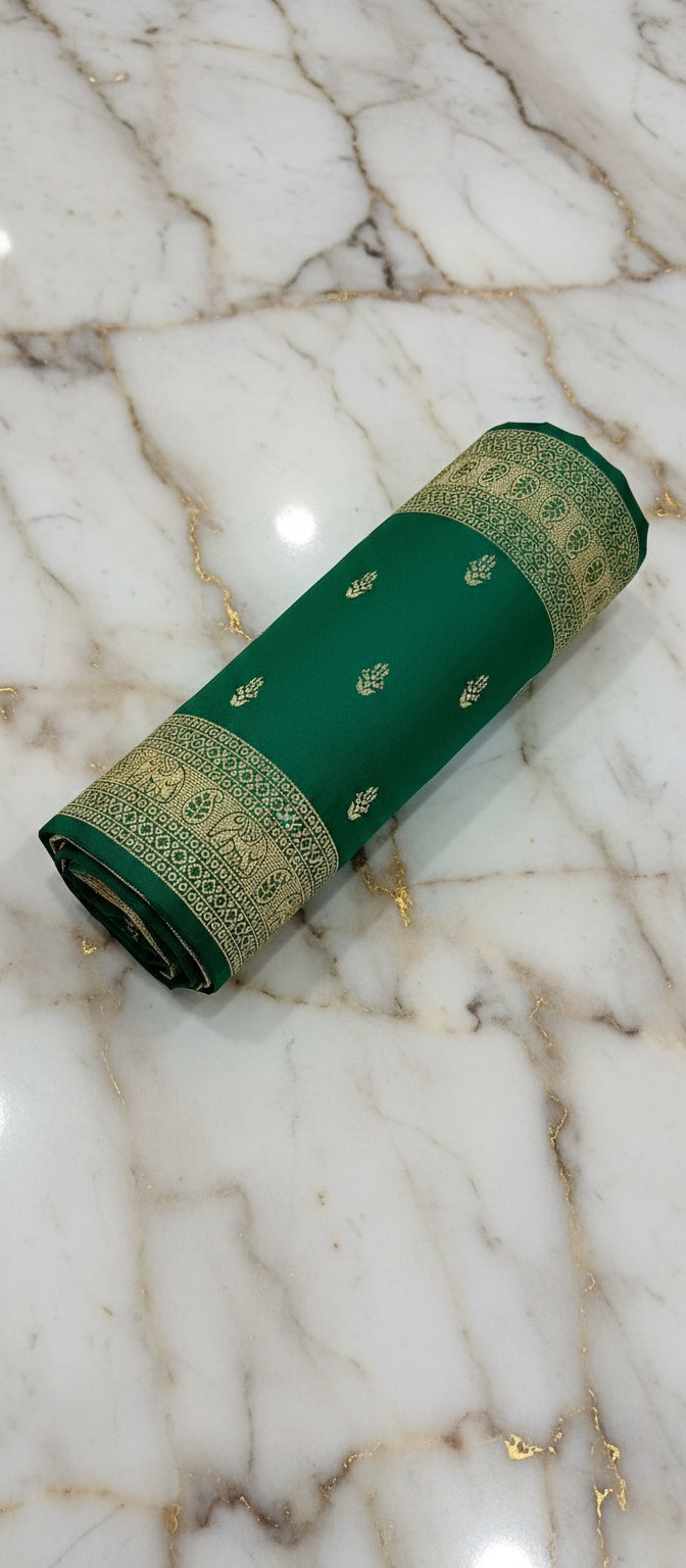 Banarasi Pure Silk Saree with mini gold zari butta motif all over saree with elaborate gold zari border and pallu in Deep Green color
