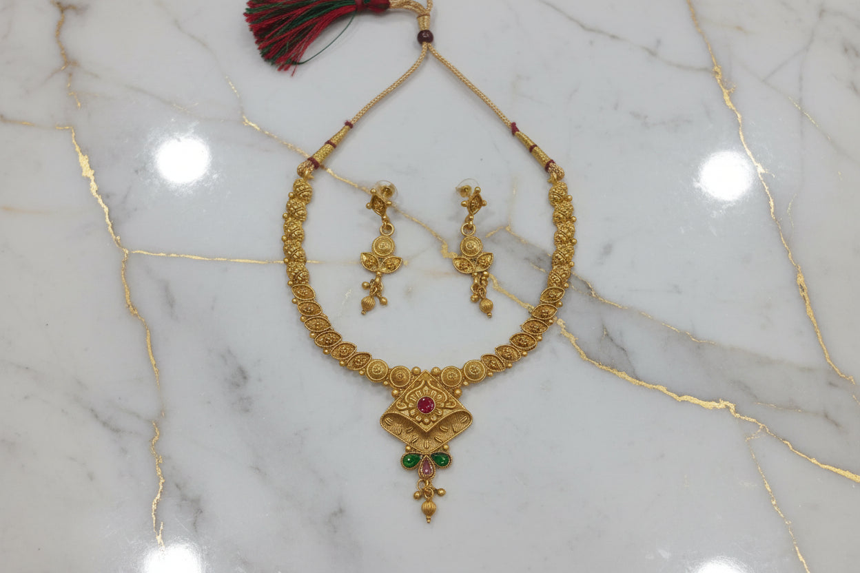 Gold Beaded Temple Jewelry Set with Red and Green enamel Necklace and earring set
