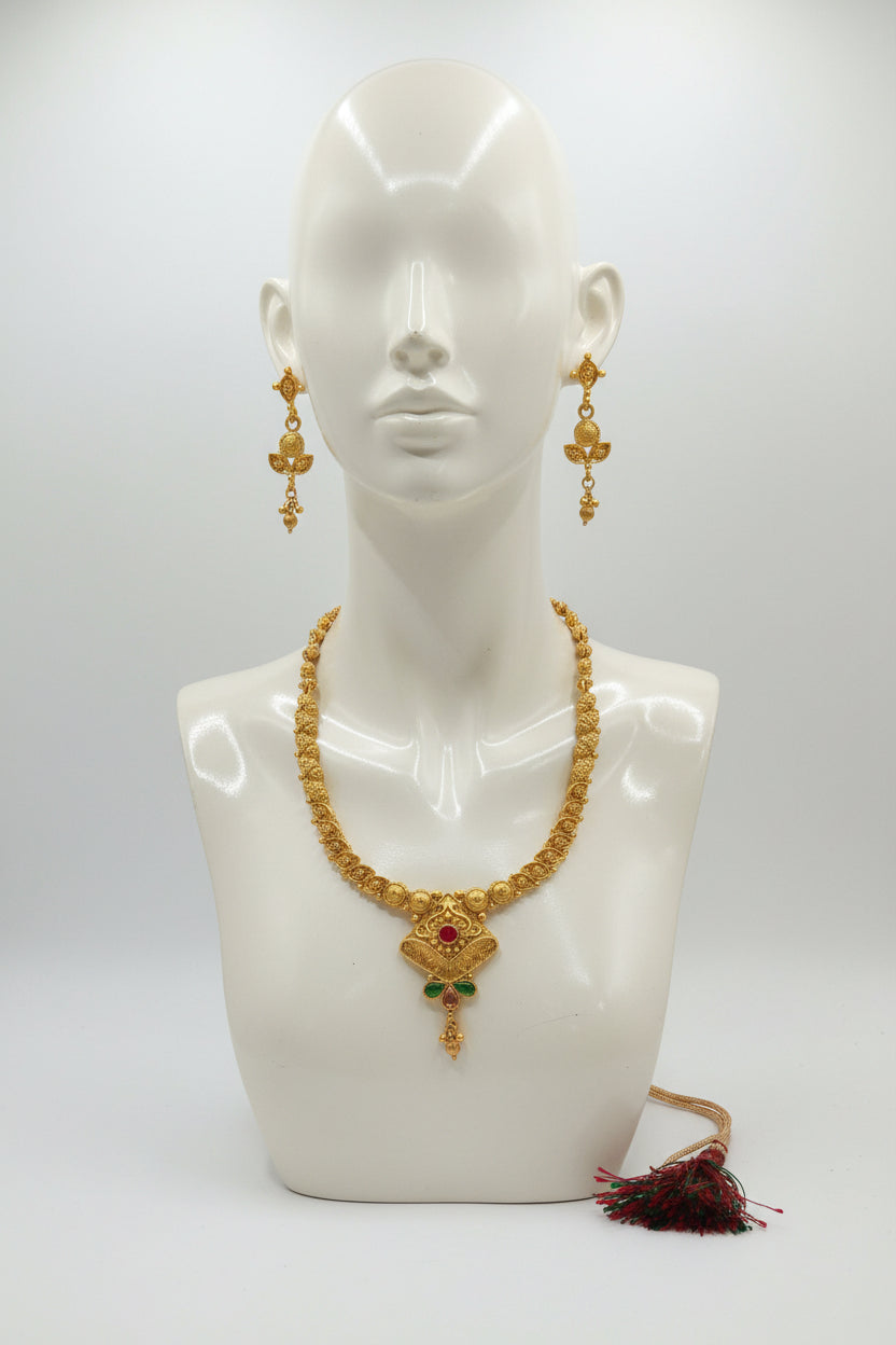 Gold Beaded Temple Jewelry Set with Red and Green enamel Necklace and earring set