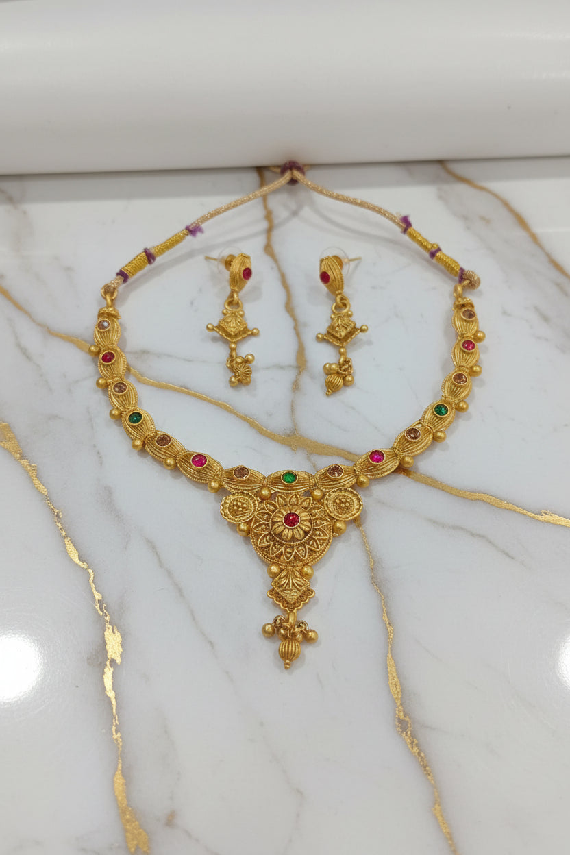 Gold Beaded Temple Jewelry Set with colored enamel Necklace and earring set