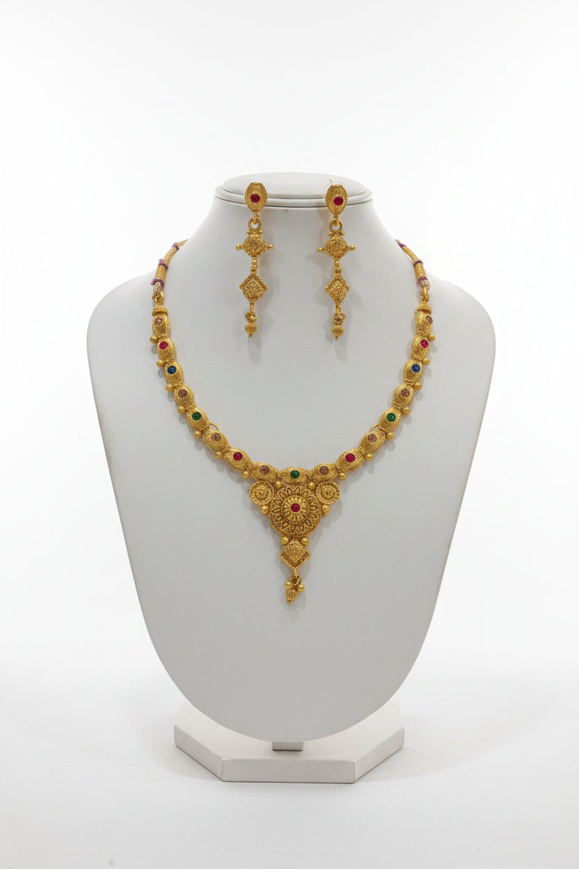 Gold Beaded Temple Jewelry Set with colored enamel Necklace and earring set