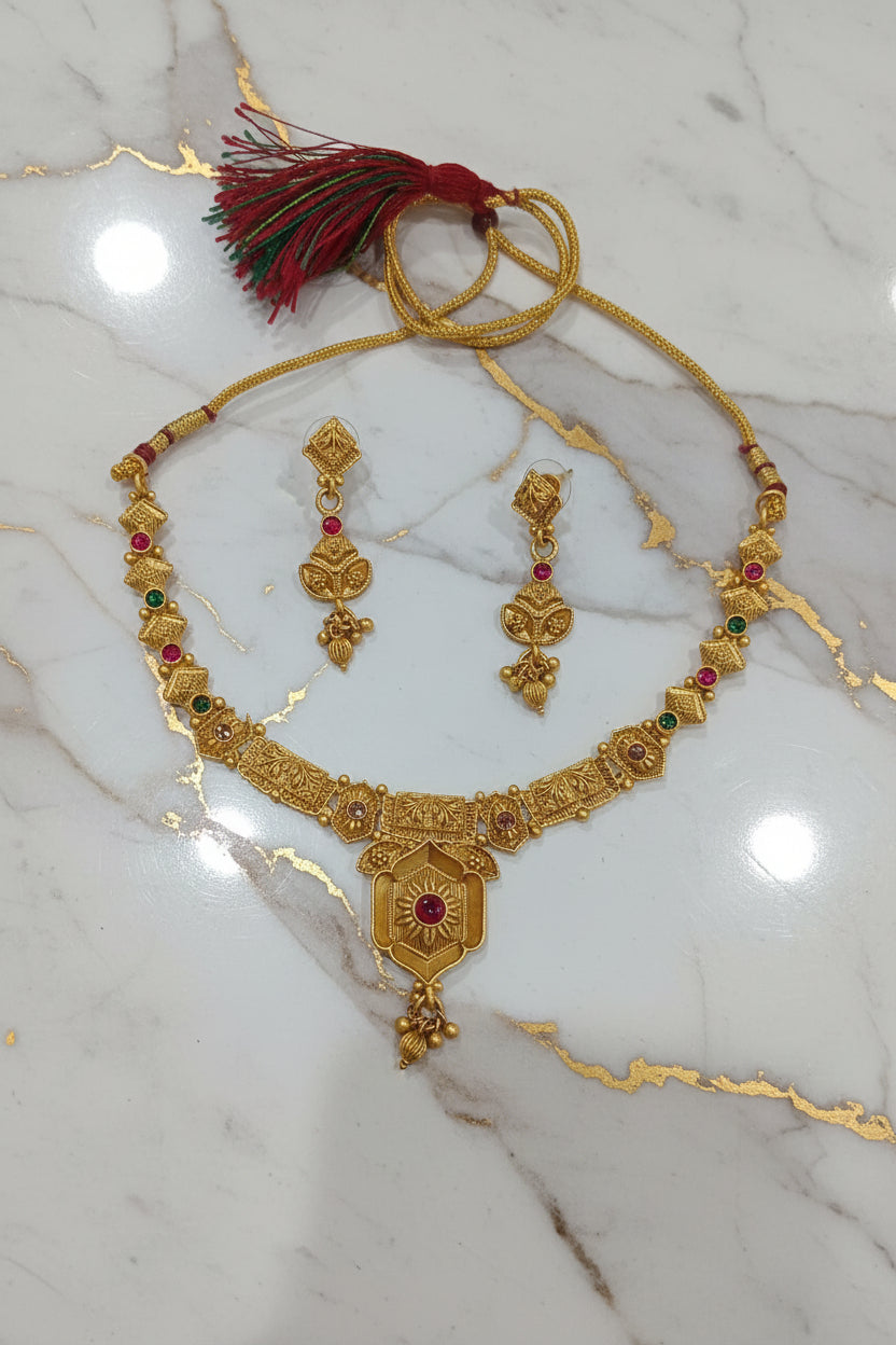 Gold Beaded Temple Jewelry Set with Red enamel tiny green enamel Necklace and earring set