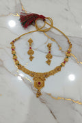 Gold Beaded Temple Jewelry Set with Red enamel tiny green enamel Necklace and earring set