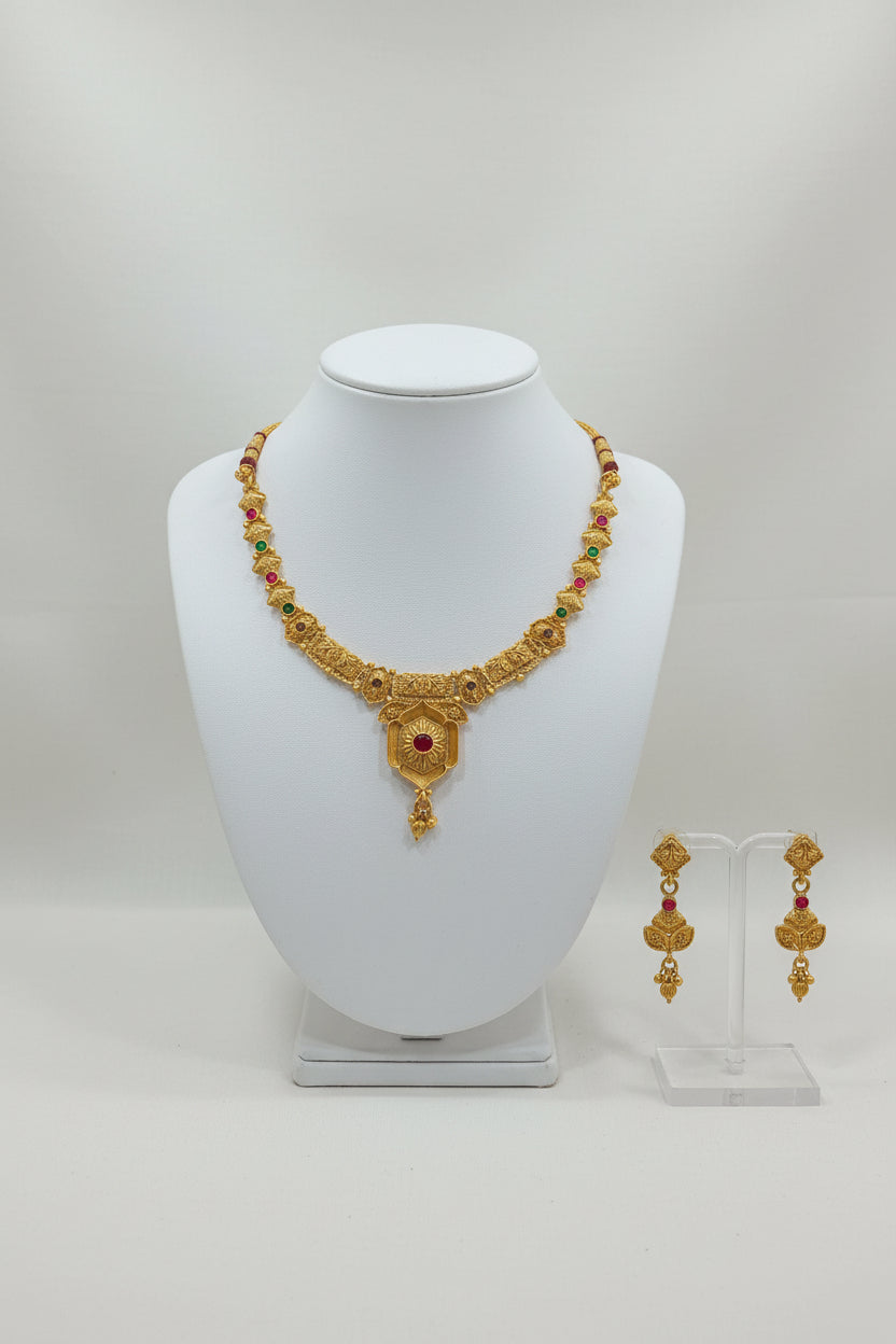 Gold Beaded Temple Jewelry Set with Red enamel tiny green enamel Necklace and earring set