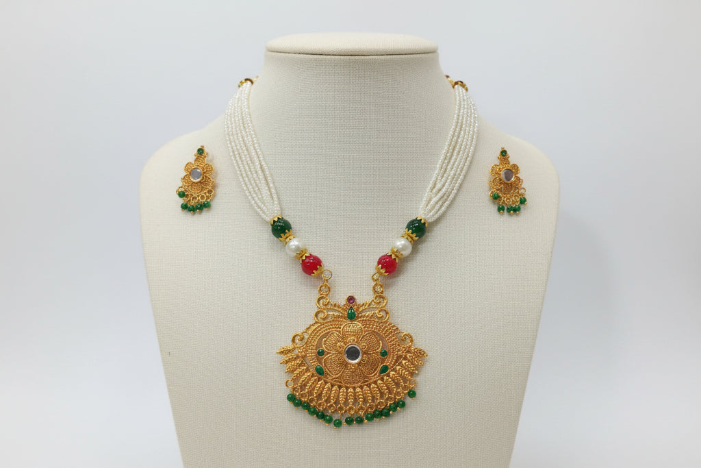 Gold Color White Beaded Temple Jewelry Set with Red Green Beads with dot center Necklace and earring set
