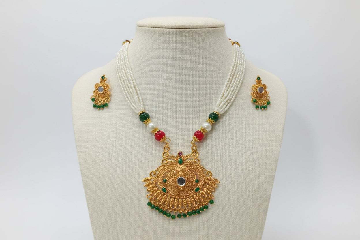 Gold Color White Beaded Temple Jewelry Set with Red Green Beads with dot center Necklace and earring set