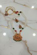 Gold Color White Beaded Temple Jewelry Set with Red Green Beads with dot center Necklace and earring set