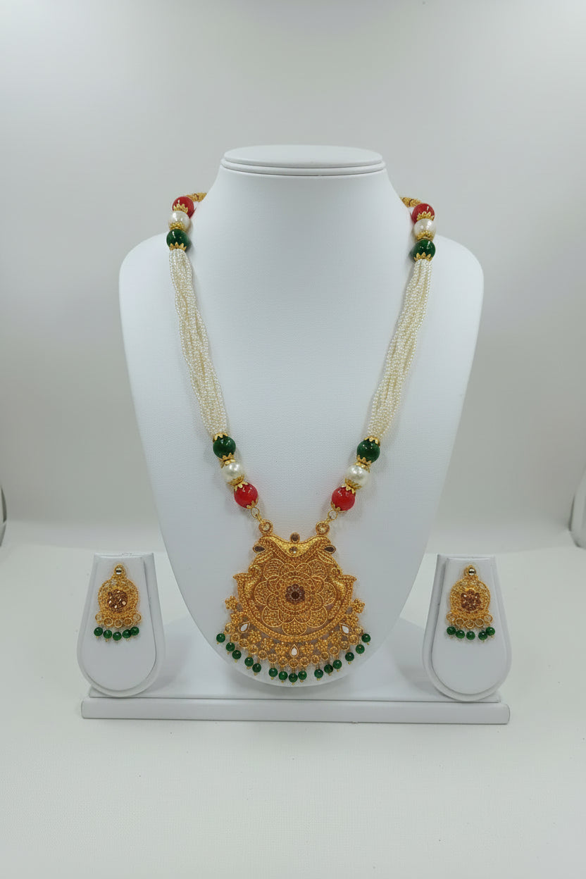 Gold Color White Beaded Temple Jewelry Set with Red Green Beads with flower shape center Necklace and earring set