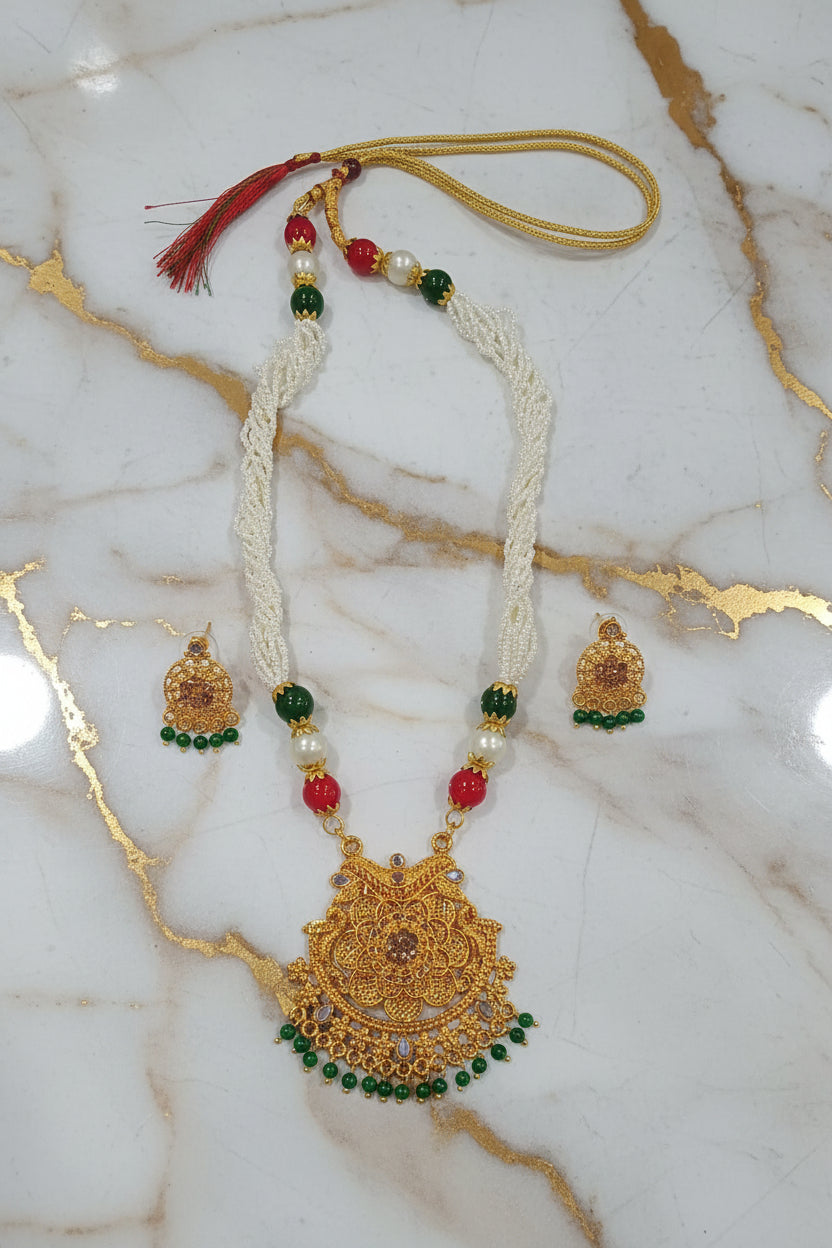 Gold Color White Beaded Temple Jewelry Set with Red Green Beads with flower shape center Necklace and earring set