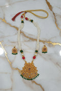 Gold Color White Beaded Temple Jewelry Set with Red Green Beads with flower shape center Necklace and earring set