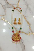 Gold Color White Beaded Temple Jewelry Set with Red Green Beads with Goddess Lakshmi center Necklace and earring set