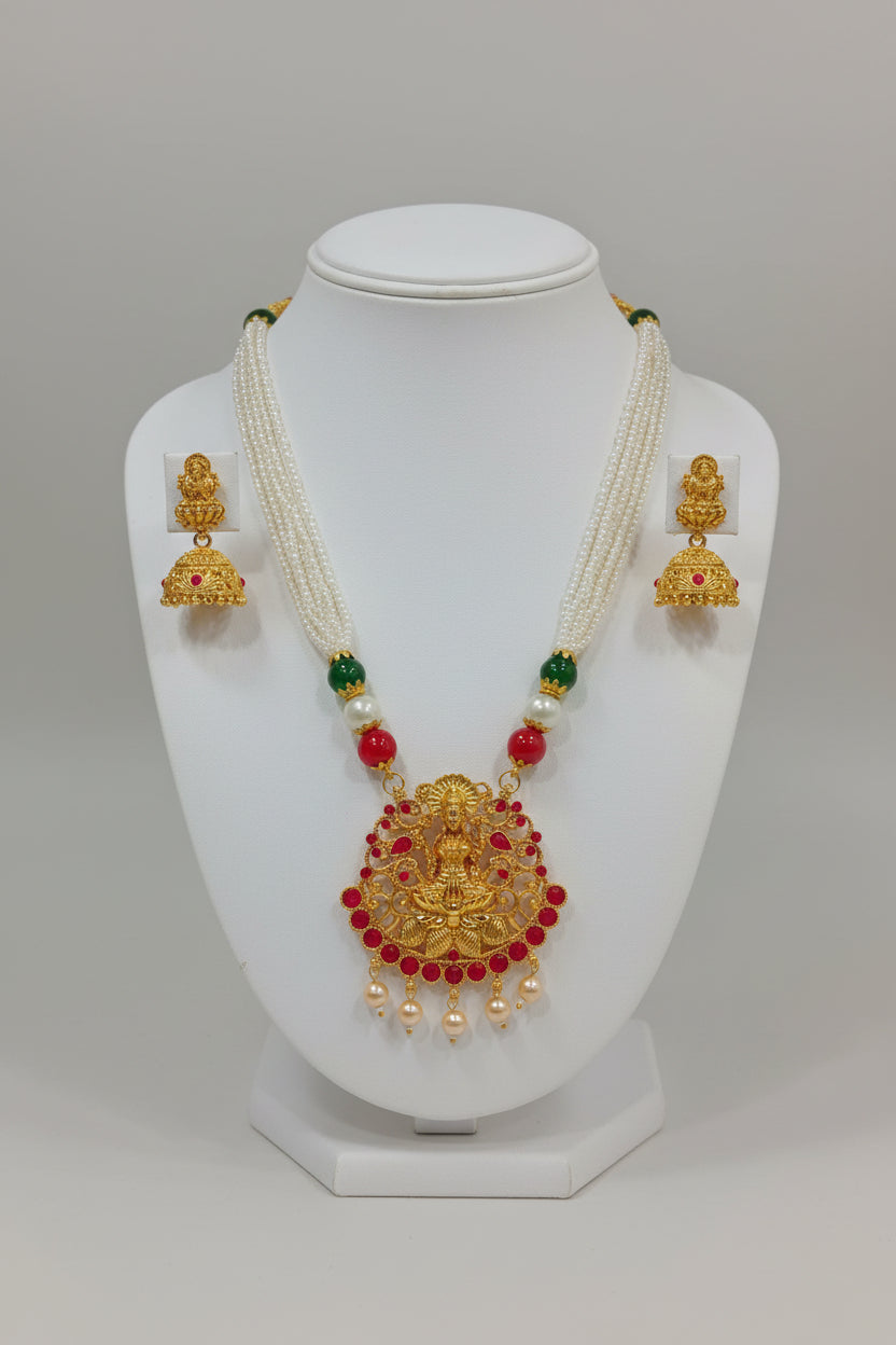 Gold Color White Beaded Temple Jewelry Set with Red Green Beads with Goddess Lakshmi center Necklace and earring set