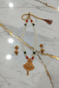 Gold Color White Beaded Temple Jewelry Set with Red Green Beads with Gold color beads center Necklace and earring set