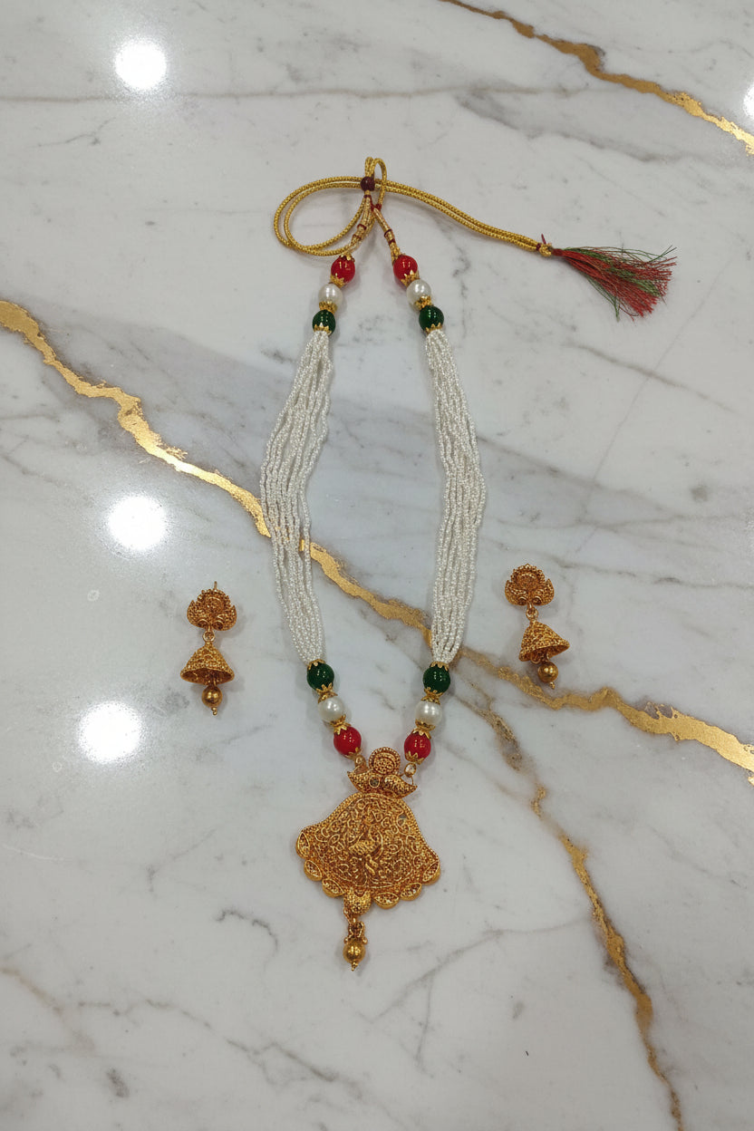 Gold Color White Beaded Temple Jewelry Set with Red Green Beads with Gold color beads center Necklace and earring set